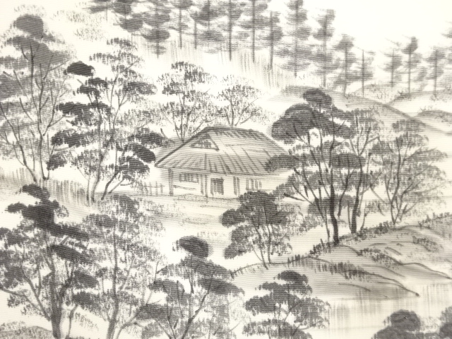 アンティーク　塩瀬　手描き風景模様名古屋帯